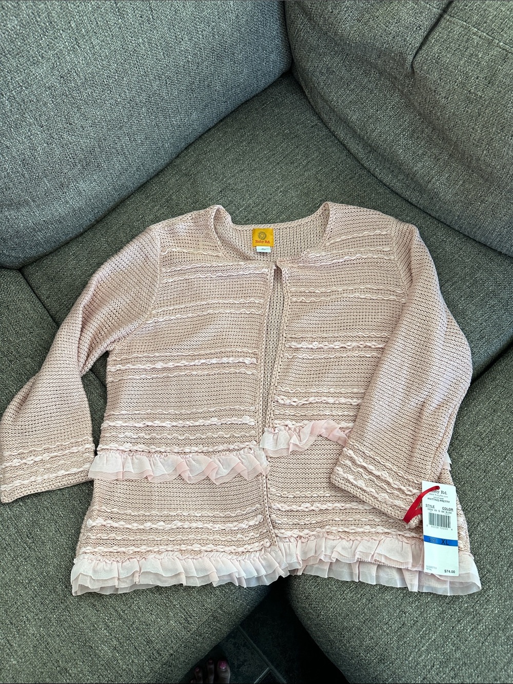 Ruby Rd. Blush Knit Ruffle Open Cardigan - Picture 8 of 10